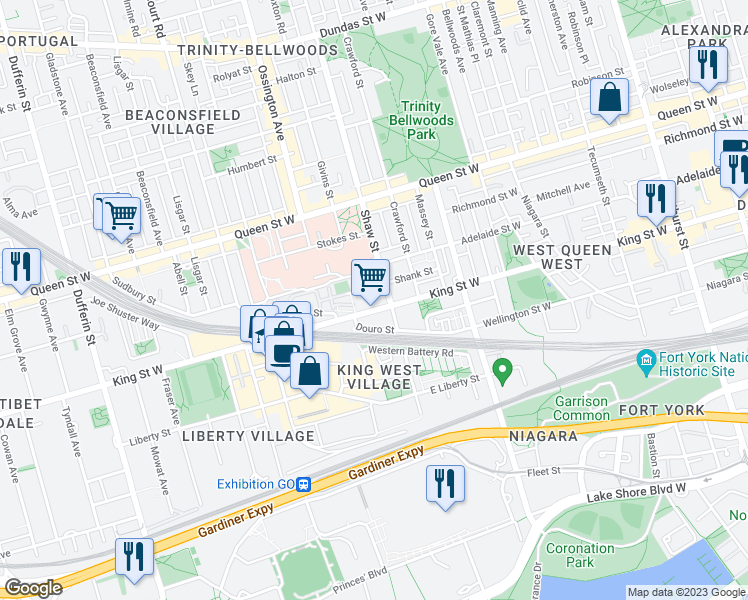 map of restaurants, bars, coffee shops, grocery stores, and more near 1029 King Street West in Toronto