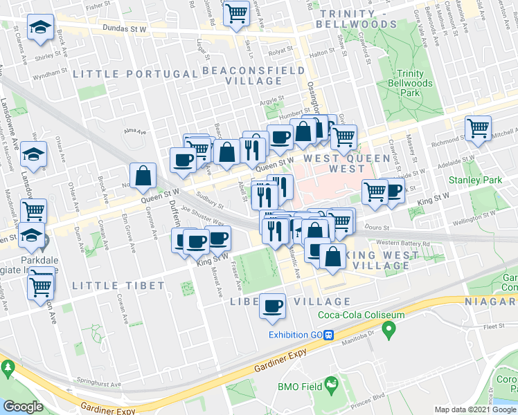 map of restaurants, bars, coffee shops, grocery stores, and more near 36 Lisgar Street in Toronto