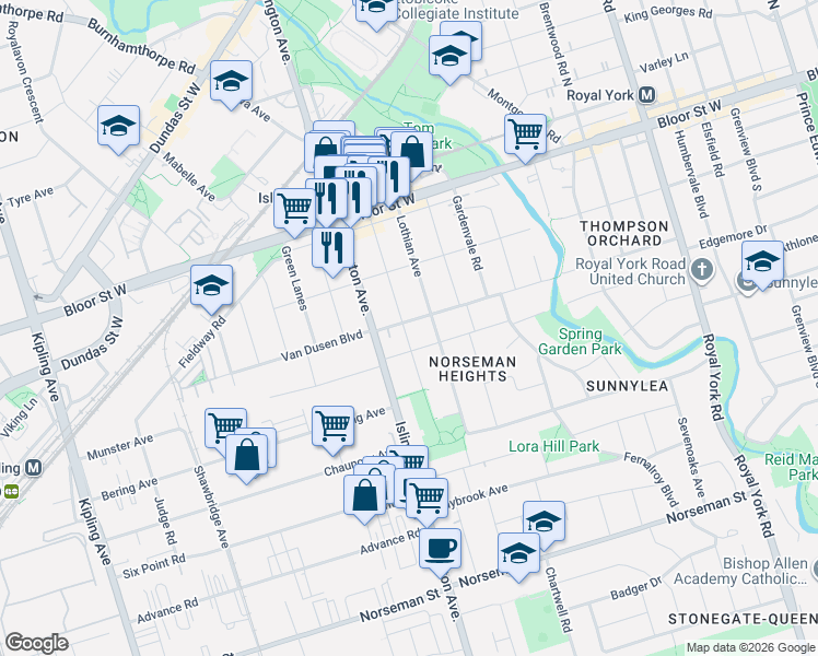 map of restaurants, bars, coffee shops, grocery stores, and more near 53 Monkton Avenue in Toronto