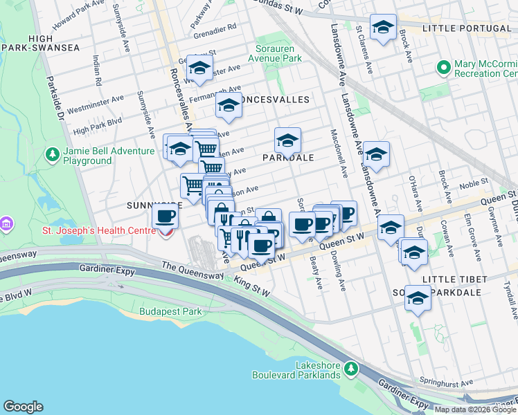 map of restaurants, bars, coffee shops, grocery stores, and more near Marion Street in Toronto