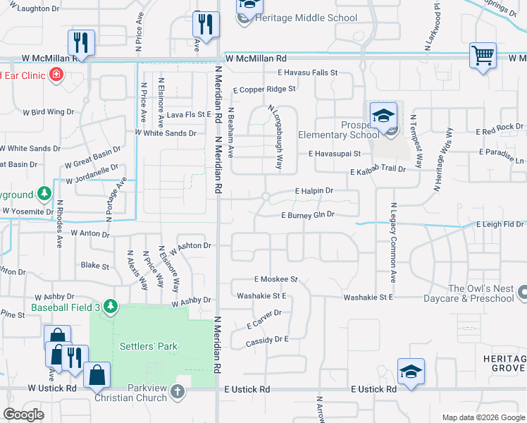 map of restaurants, bars, coffee shops, grocery stores, and more near 4028 North Donavan Way in Meridian