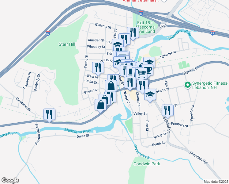 map of restaurants, bars, coffee shops, grocery stores, and more near 25 Mechanic Street in Lebanon