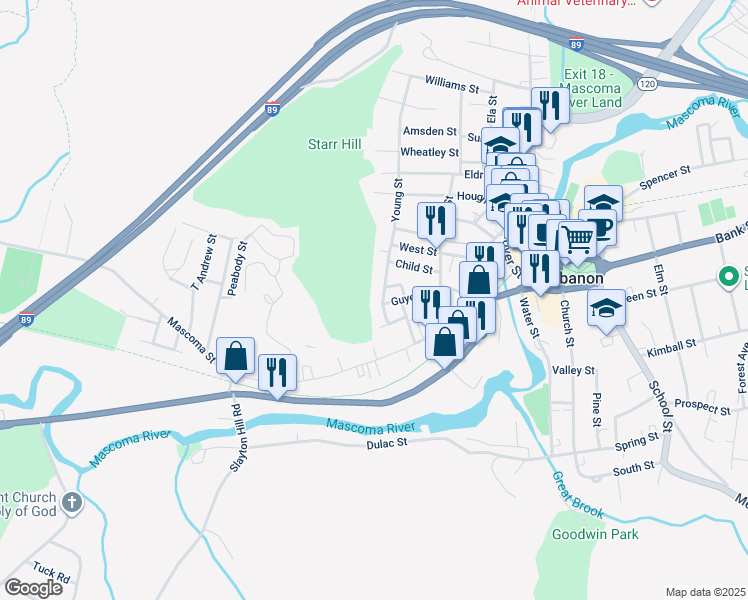 map of restaurants, bars, coffee shops, grocery stores, and more near 14 Worthen Street in Lebanon
