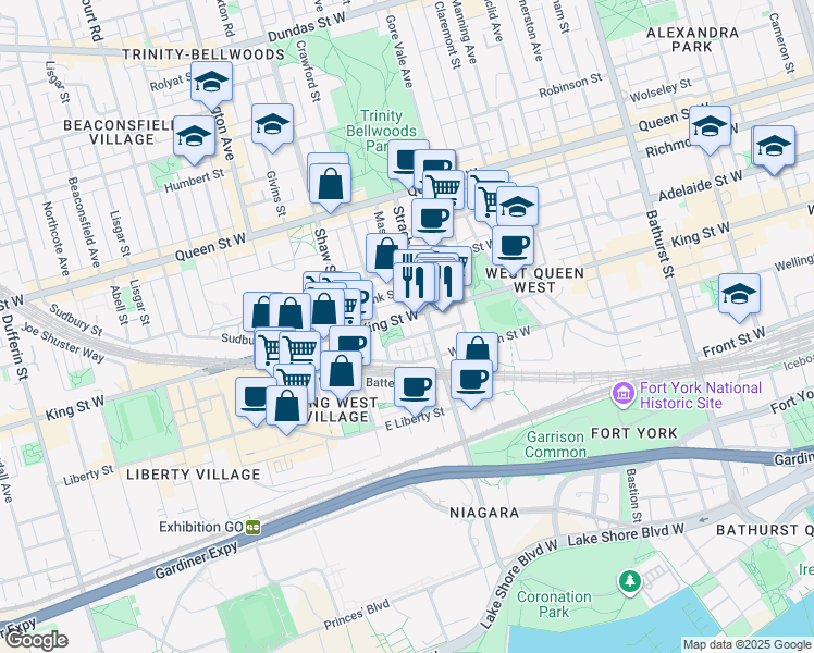 map of restaurants, bars, coffee shops, grocery stores, and more near in Toronto