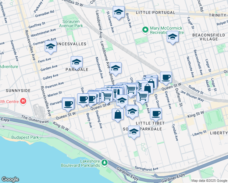map of restaurants, bars, coffee shops, grocery stores, and more near in Toronto