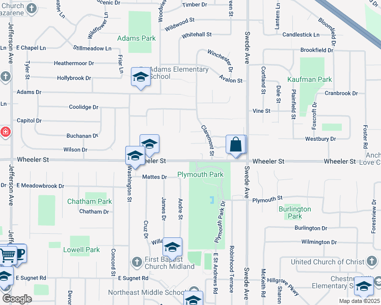 map of restaurants, bars, coffee shops, grocery stores, and more near 1305 East Wheeler Street in Midland