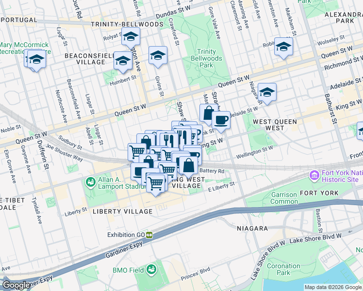 map of restaurants, bars, coffee shops, grocery stores, and more near 1030 King Street West in Toronto