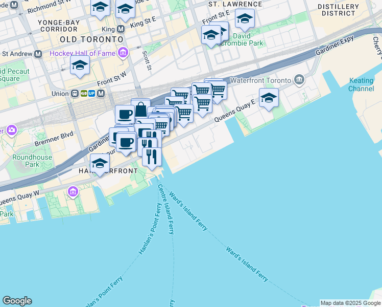 map of restaurants, bars, coffee shops, grocery stores, and more near 39 Queens Quay East in Toronto