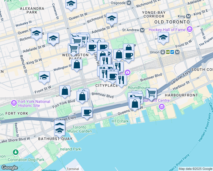 map of restaurants, bars, coffee shops, grocery stores, and more near in Toronto