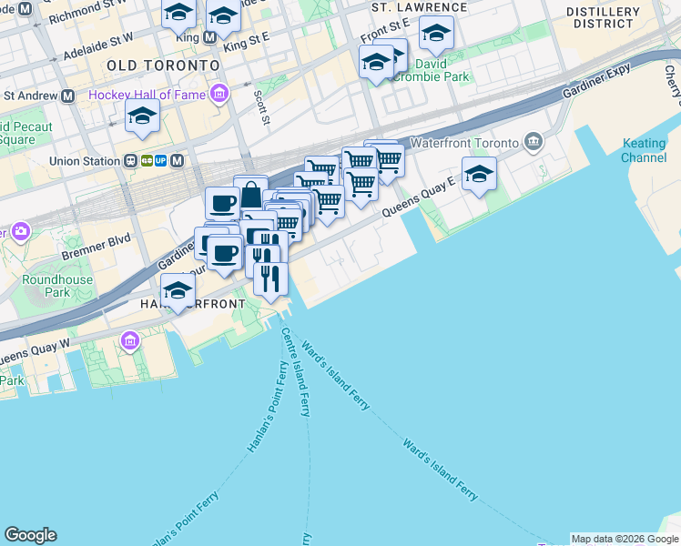 map of restaurants, bars, coffee shops, grocery stores, and more near 39 Queens Quay East in Toronto