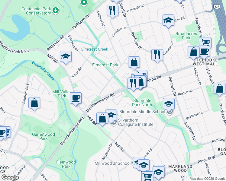 map of restaurants, bars, coffee shops, grocery stores, and more near 707 Burnhamthorpe Road in Toronto