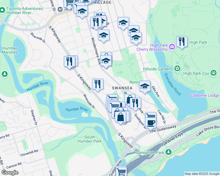 map of restaurants, bars, coffee shops, grocery stores, and more near 10 Budgell Terrace in Toronto
