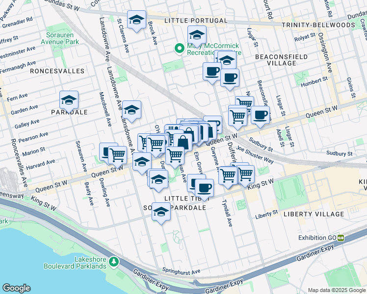 map of restaurants, bars, coffee shops, grocery stores, and more near 1354 Queen Street West in Toronto