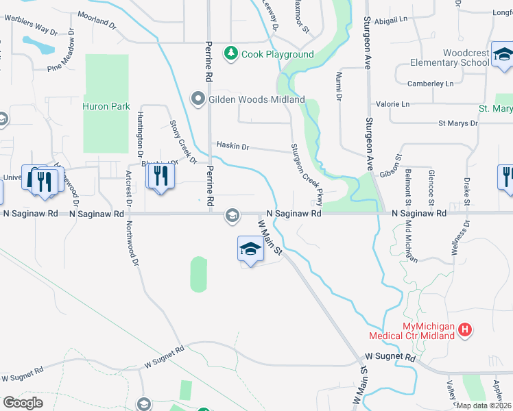 map of restaurants, bars, coffee shops, grocery stores, and more near 3906 North Saginaw Road in Midland