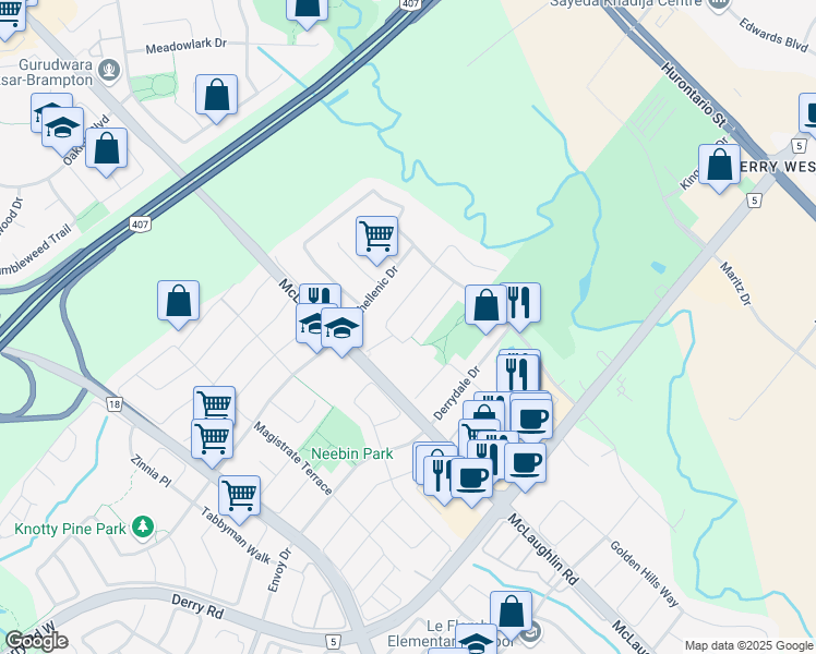 map of restaurants, bars, coffee shops, grocery stores, and more near 309 Comiskey Crescent in Mississauga
