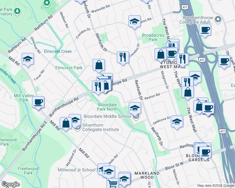 map of restaurants, bars, coffee shops, grocery stores, and more near 120 Saturn Road in Toronto