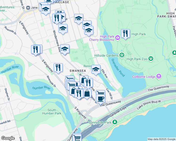 map of restaurants, bars, coffee shops, grocery stores, and more near 99 Coe Hill Drive in Toronto