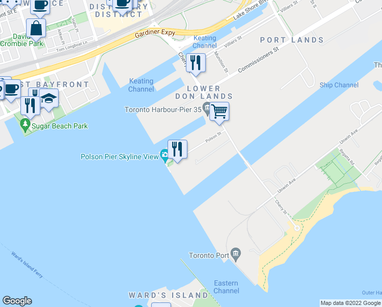 map of restaurants, bars, coffee shops, grocery stores, and more near 31 Polson Street in Toronto