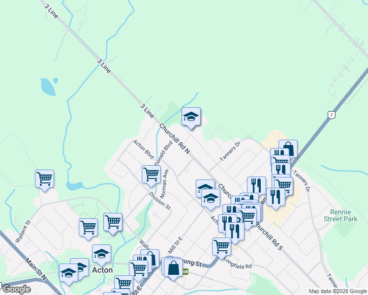 map of restaurants, bars, coffee shops, grocery stores, and more near 157 Churchill Road South in Acton