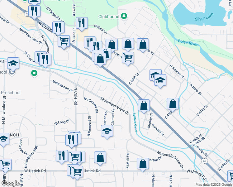 map of restaurants, bars, coffee shops, grocery stores, and more near 3904 Mountain View Drive in Boise