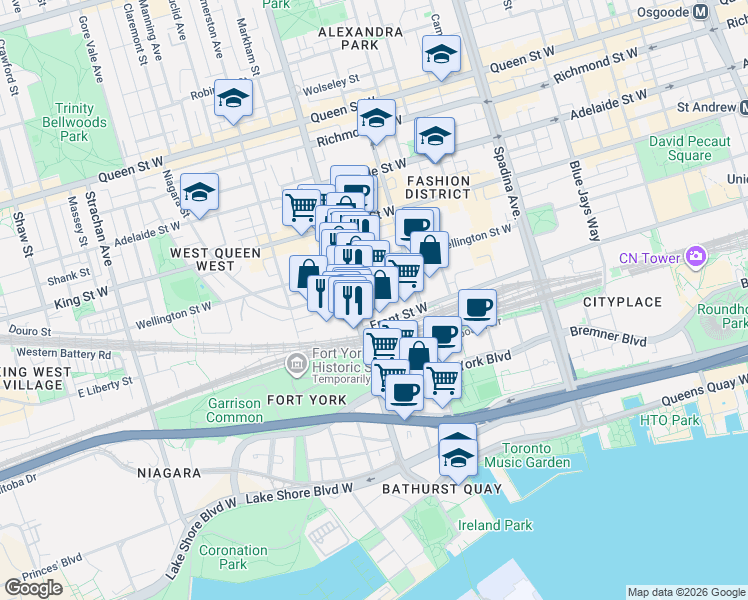 map of restaurants, bars, coffee shops, grocery stores, and more near 39 Niagara Street in Toronto