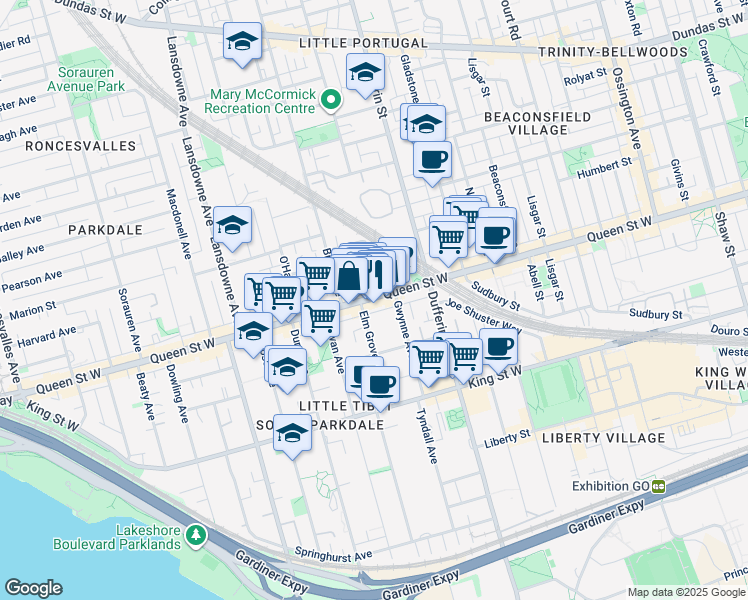 map of restaurants, bars, coffee shops, grocery stores, and more near 1257 Queen Street West in Toronto