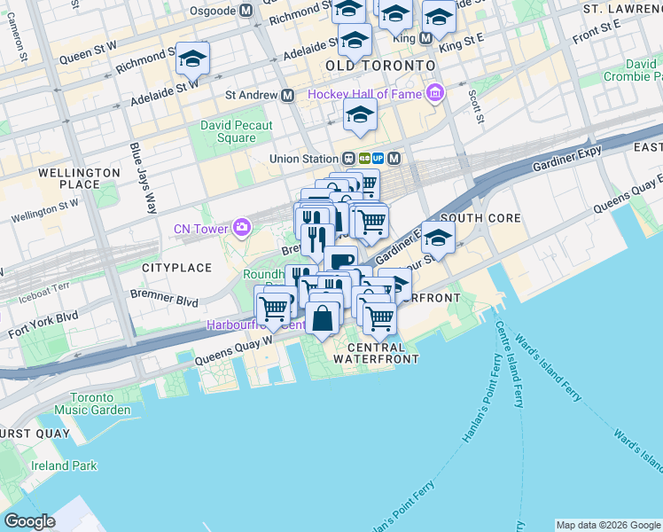 map of restaurants, bars, coffee shops, grocery stores, and more near 19 Grand Trunk Crescent in Toronto