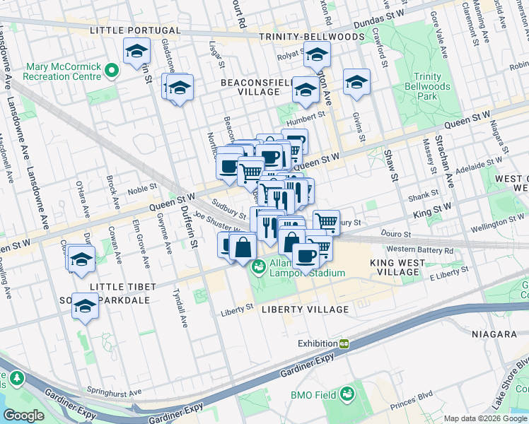 map of restaurants, bars, coffee shops, grocery stores, and more near in Toronto