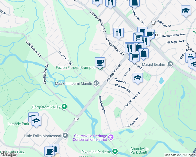 map of restaurants, bars, coffee shops, grocery stores, and more near 1252 Steeles Avenue West in Brampton