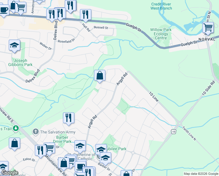 map of restaurants, bars, coffee shops, grocery stores, and more near 20 Split Maple Lane in Halton Hills