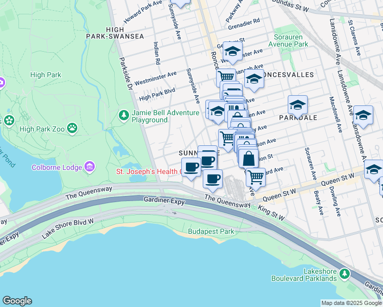 map of restaurants, bars, coffee shops, grocery stores, and more near 32 Parkdale Road in Toronto