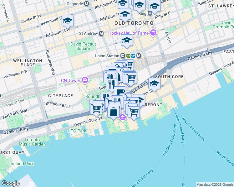 map of restaurants, bars, coffee shops, grocery stores, and more near 19 Grand Trunk Crescent in Toronto