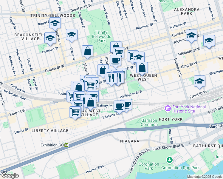 map of restaurants, bars, coffee shops, grocery stores, and more near 905 King Street West in Toronto