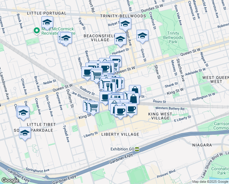 map of restaurants, bars, coffee shops, grocery stores, and more near 41 Dovercourt Road in Toronto