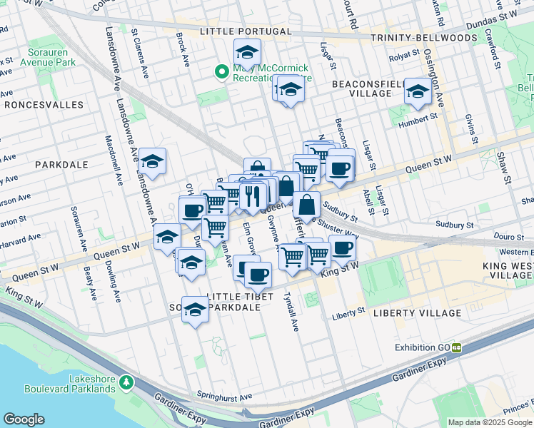 map of restaurants, bars, coffee shops, grocery stores, and more near 1233 Queen Street West in Toronto