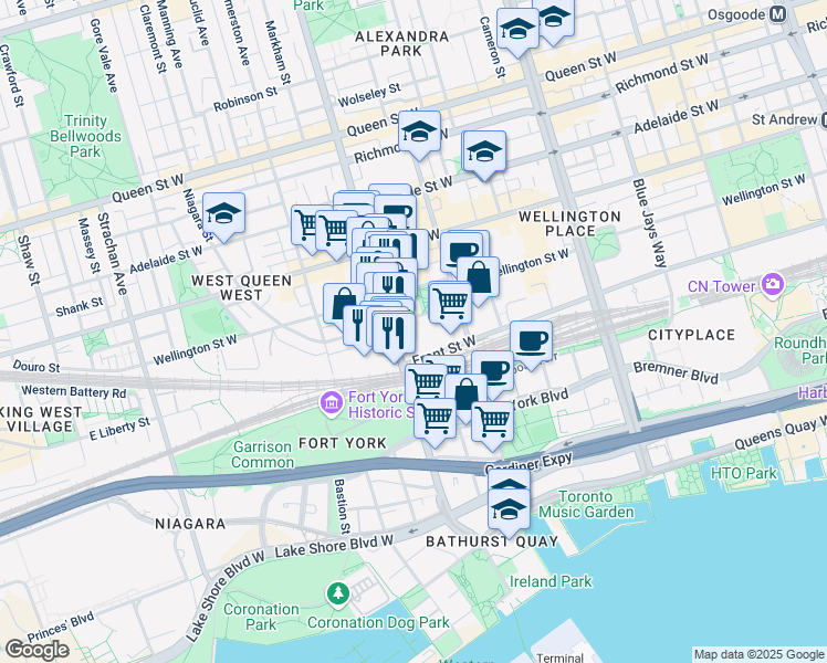 map of restaurants, bars, coffee shops, grocery stores, and more near 39 Niagara Street in Toronto