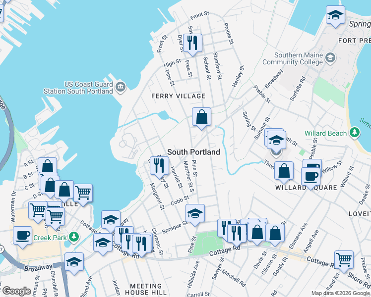 map of restaurants, bars, coffee shops, grocery stores, and more near 272 Broadway in South Portland