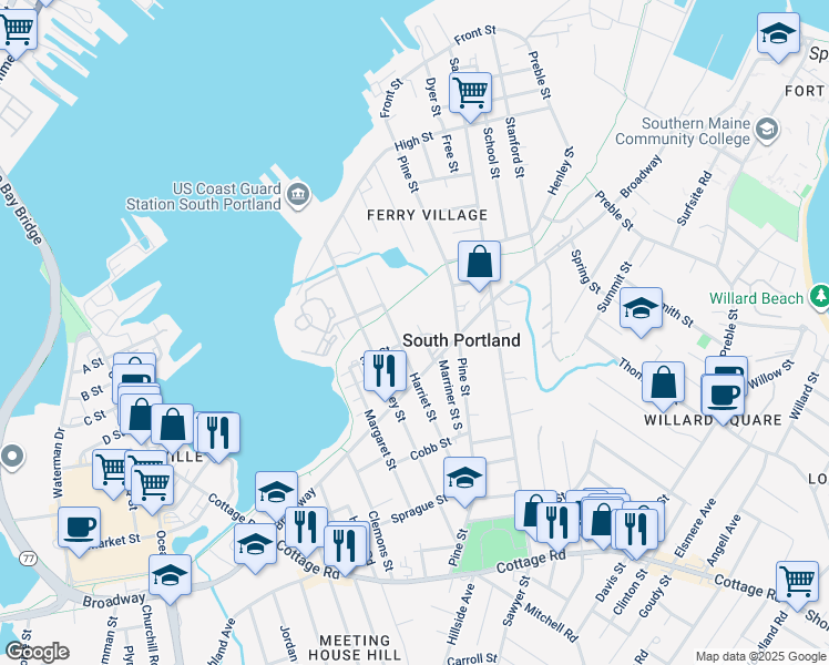 map of restaurants, bars, coffee shops, grocery stores, and more near 245 Broadway in South Portland