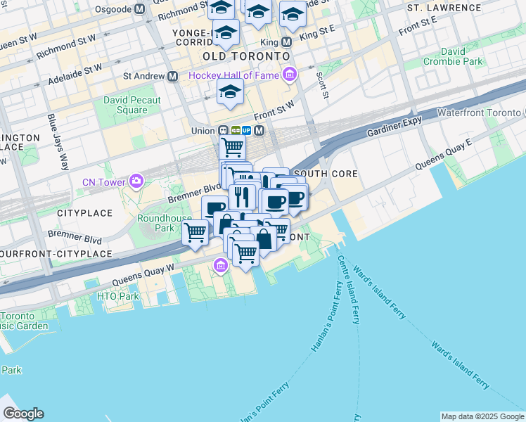 map of restaurants, bars, coffee shops, grocery stores, and more near in Toronto