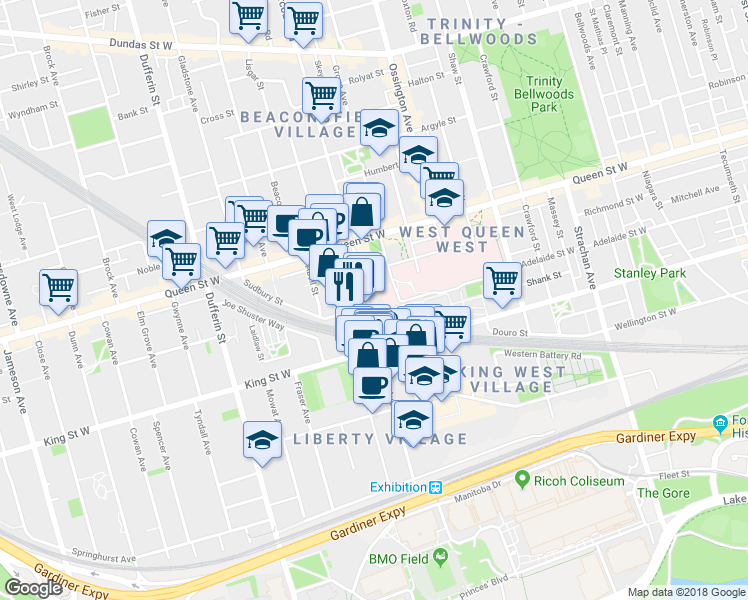 map of restaurants, bars, coffee shops, grocery stores, and more near 41 Dovercourt Road in Toronto