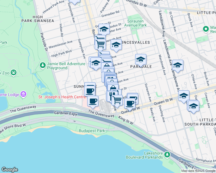 map of restaurants, bars, coffee shops, grocery stores, and more near in Toronto