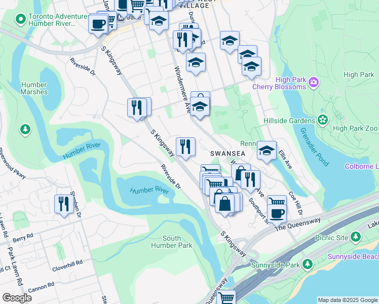 map of restaurants, bars, coffee shops, grocery stores, and more near in Toronto