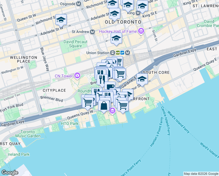 map of restaurants, bars, coffee shops, grocery stores, and more near 14 York Street in Toronto