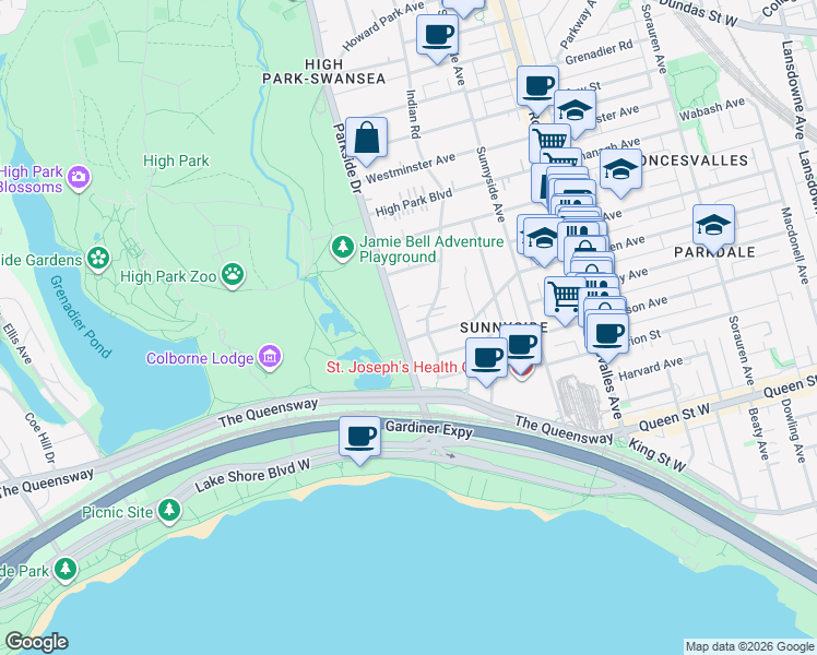 map of restaurants, bars, coffee shops, grocery stores, and more near 95 Parkside Drive in Toronto