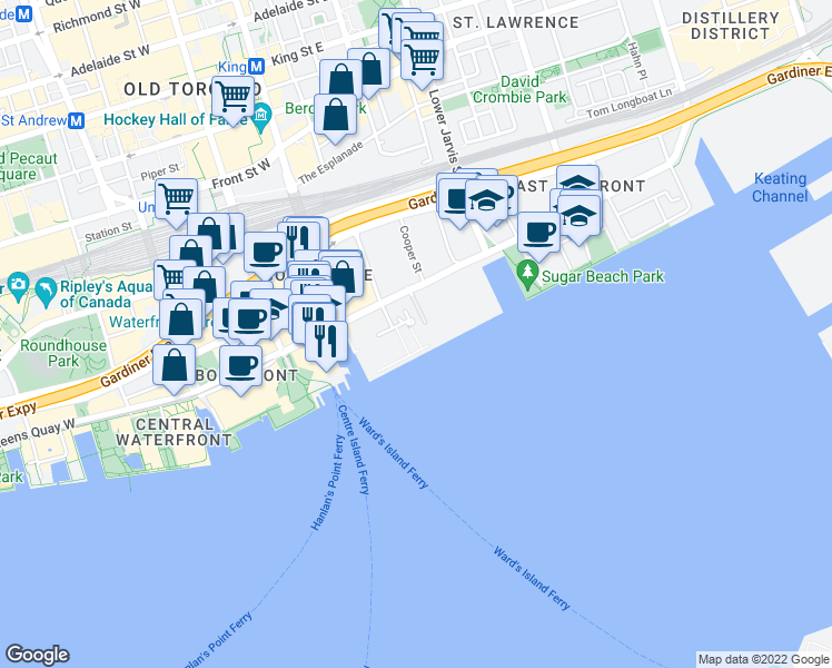 map of restaurants, bars, coffee shops, grocery stores, and more near 39 Queens Quay East in Toronto