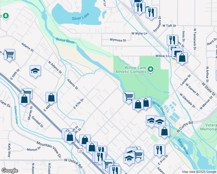map of restaurants, bars, coffee shops, grocery stores, and more near 504 East 46th Street in Boise