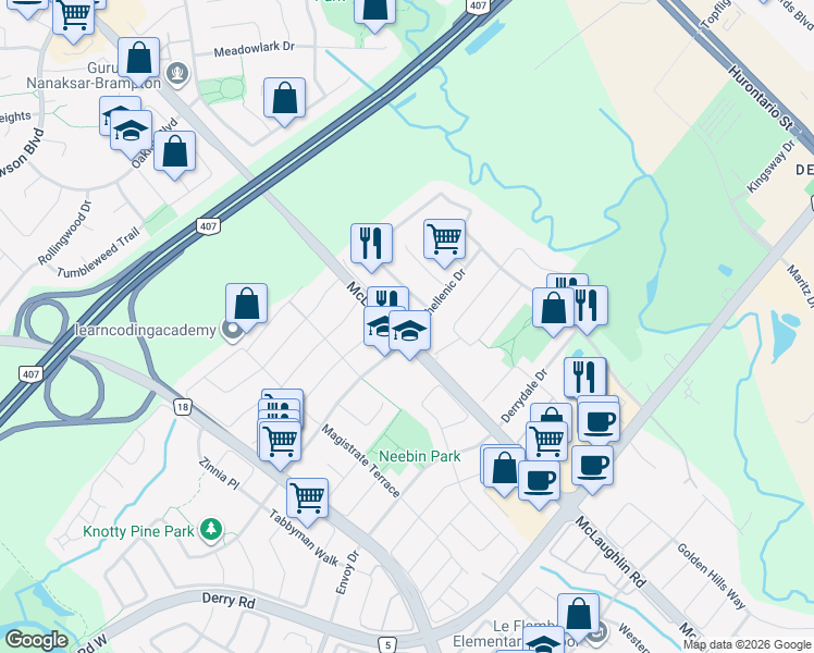 map of restaurants, bars, coffee shops, grocery stores, and more near 433 Panhellenic Drive in Mississauga