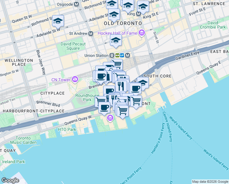 map of restaurants, bars, coffee shops, grocery stores, and more near in Toronto