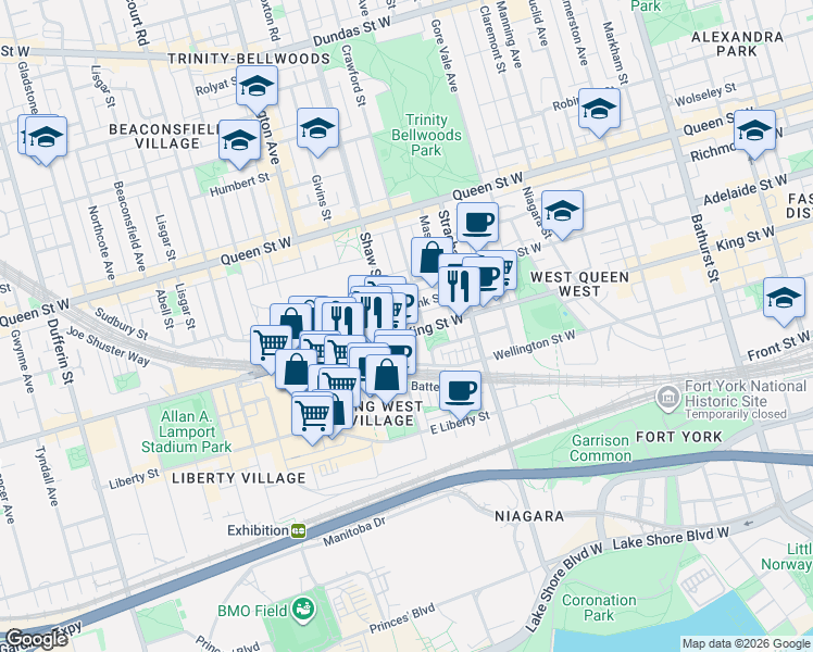 map of restaurants, bars, coffee shops, grocery stores, and more near 1000 King Street West in Toronto