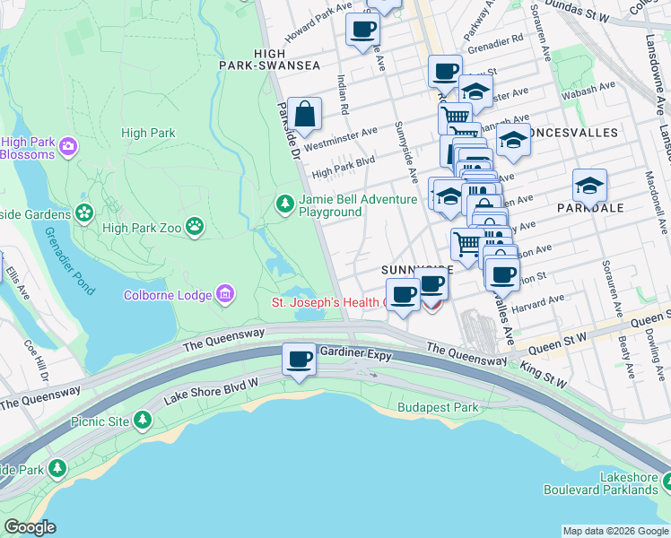 map of restaurants, bars, coffee shops, grocery stores, and more near 99 Parkside Drive in Toronto